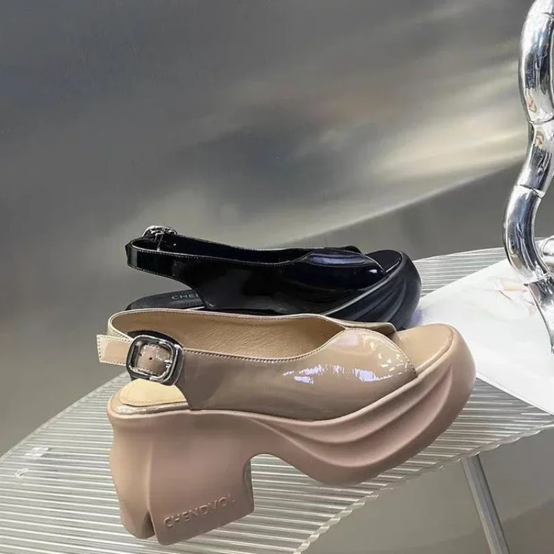 Ladies Shoes on Sale 2024 New One-word Buckle Sandals Summer Open Toe Mid Heel Water Proof Concise Daily Sandals