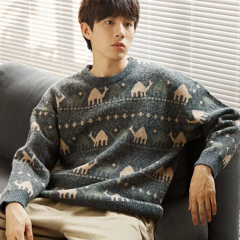 

Осень-зима японский мужской свитер свободный воротник винтажный этнический модный повседневный теплый вязаный свитер для пар
