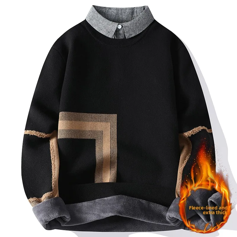 

Мужской вязаный свитер с флисовой подкладкой, утолщенный, с воротником-стойкой, базовый слой, зимний, модный, с геометрическим узором, длинный рукав