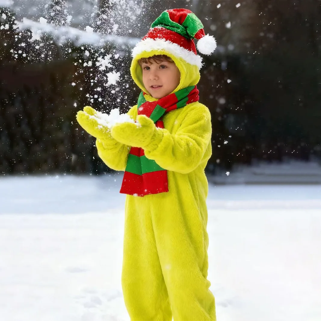 Christmas Children Green Hair Monster Elf Performance Costume Boys Girl Santa Claus Cosplay Jumpsuit Hat Scarf Clothes Set
