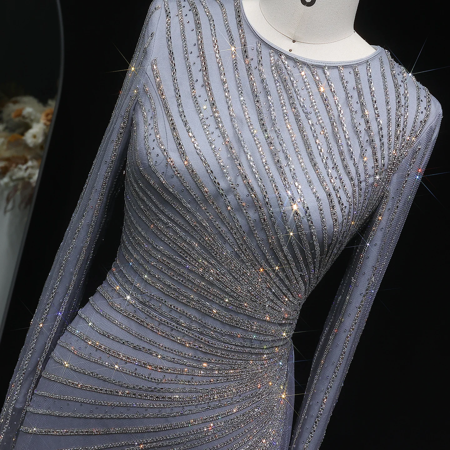 Sharon Said Luxuriöses Graublaues Meerjungfrauen-Abendkleid mit Seitenrock in Roségold für Damen, Hochzeitsfeierkleid 2026 SS113 Maßanfertigung – Detail 19