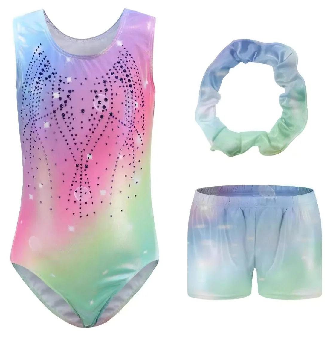 Hot Sale Sublimation Printed  Shiny Spandex Tank Sleeveless Kids Girls Gymnastics Leotards with Shorts Sets Jumpsuit with Shorts