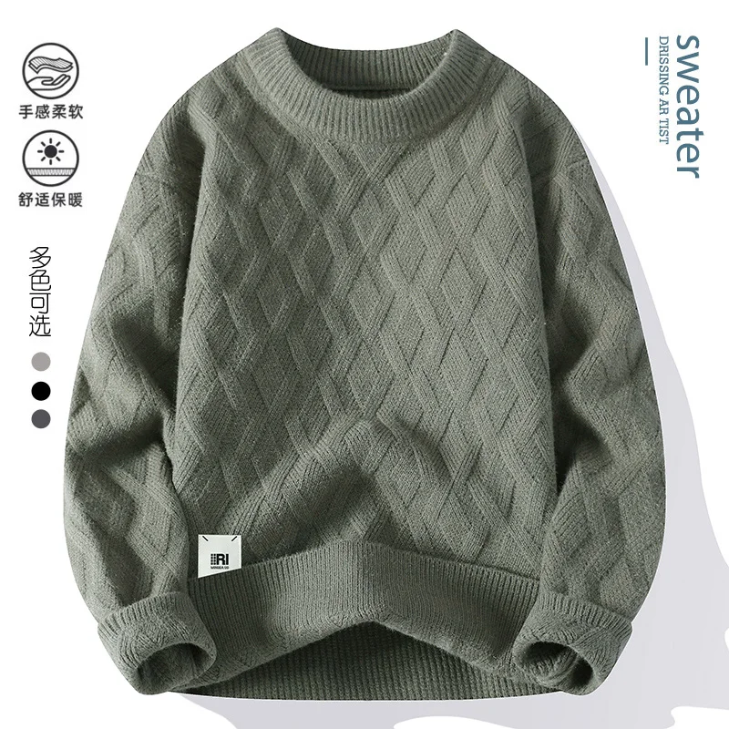 GIOIO men's sweater, round neck solid color geometric three-dimensional embossed sweater, casual bottoming pullover