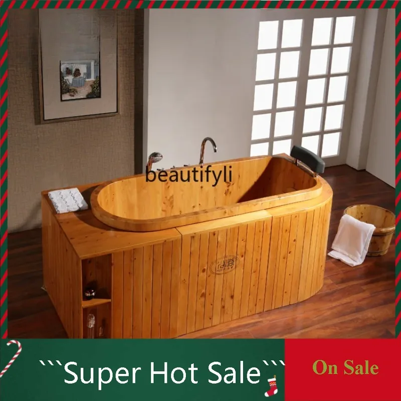 A076 Wooden Barrel Bathtub Adult Cedar Bath Bucket Large Sized Bathtub Bath Barrel Apron Side Large Bath