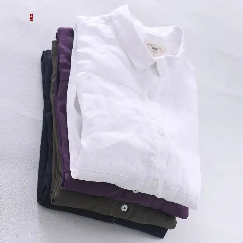 

Designer new pure linen shirt men brand white casual loose long sleeved flax shirts for men camisa masculina chemise