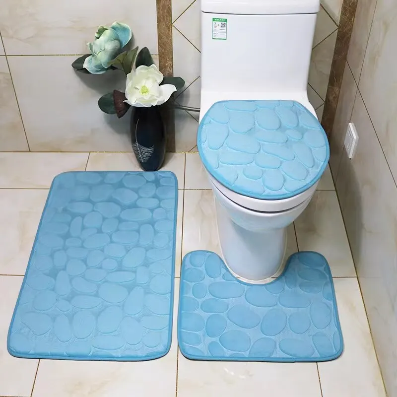 3PCS/Set Non-slip Soft Bath Mat Toilet Cover Carpet Cobblestone Embossed Floor Mat Bathroom Absorb Water Can Be Washed