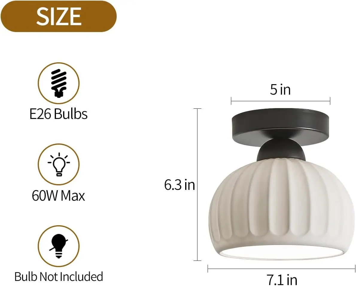 Ceramic Semi Flush Mount Ceiling Light Fixtures 2 Pack, Black Hallway Ceiling Light Farmhouse Light, Close To Ceiling Light For