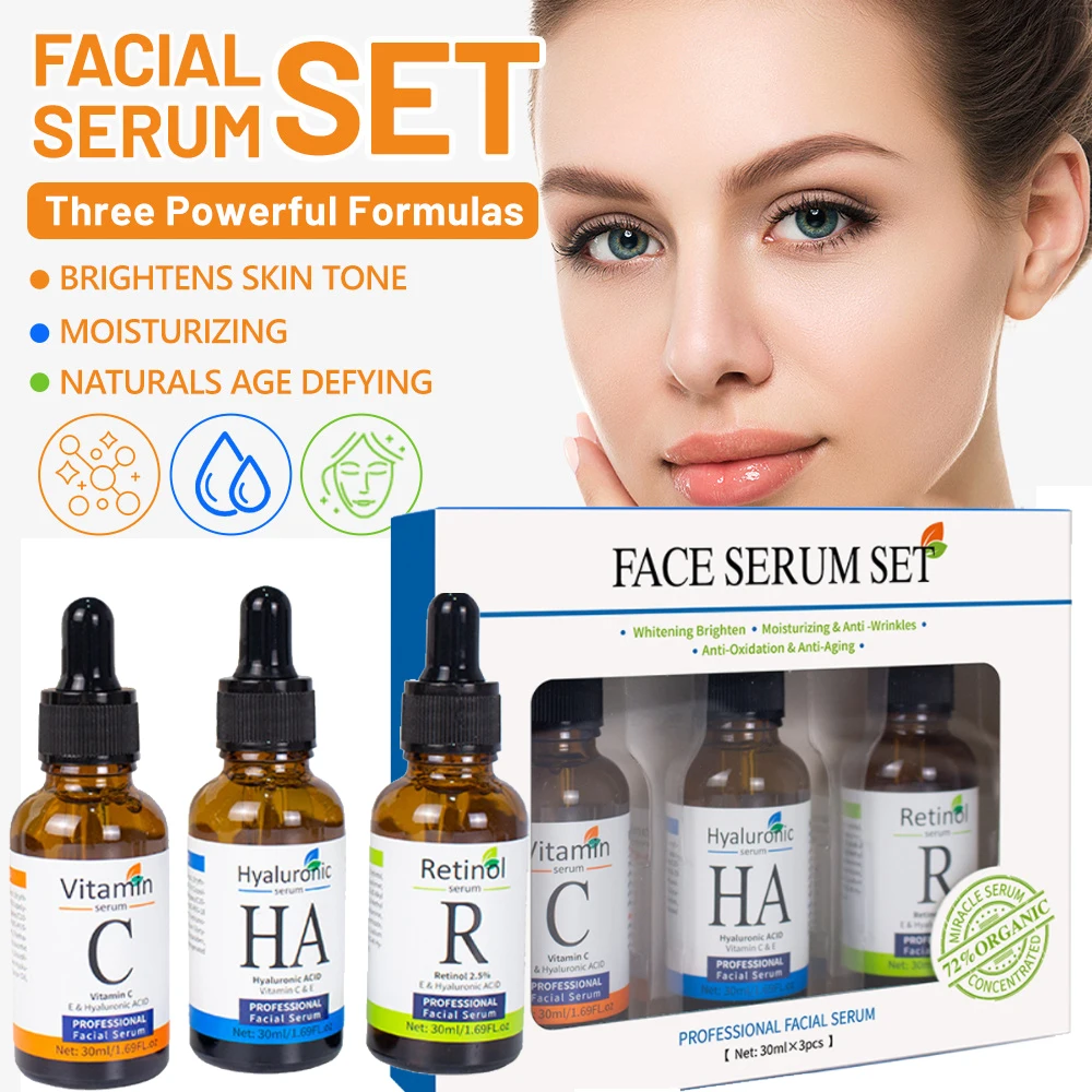 Facial Skin Care Set, Brightening, Firming, Hydrating, Dry Face, Power Kit, Vitamin C, Retinol and Hyaluronic Acid, 3 PCS