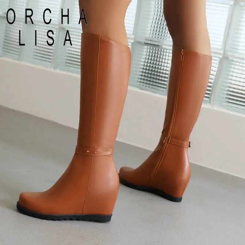 

ORCHA LISA Brand Womans Shoes Knee-high Boots 33cm Round Toe Wedges Increased Heel 6cm Zipper Classic Outdoor Booty Solid S4394