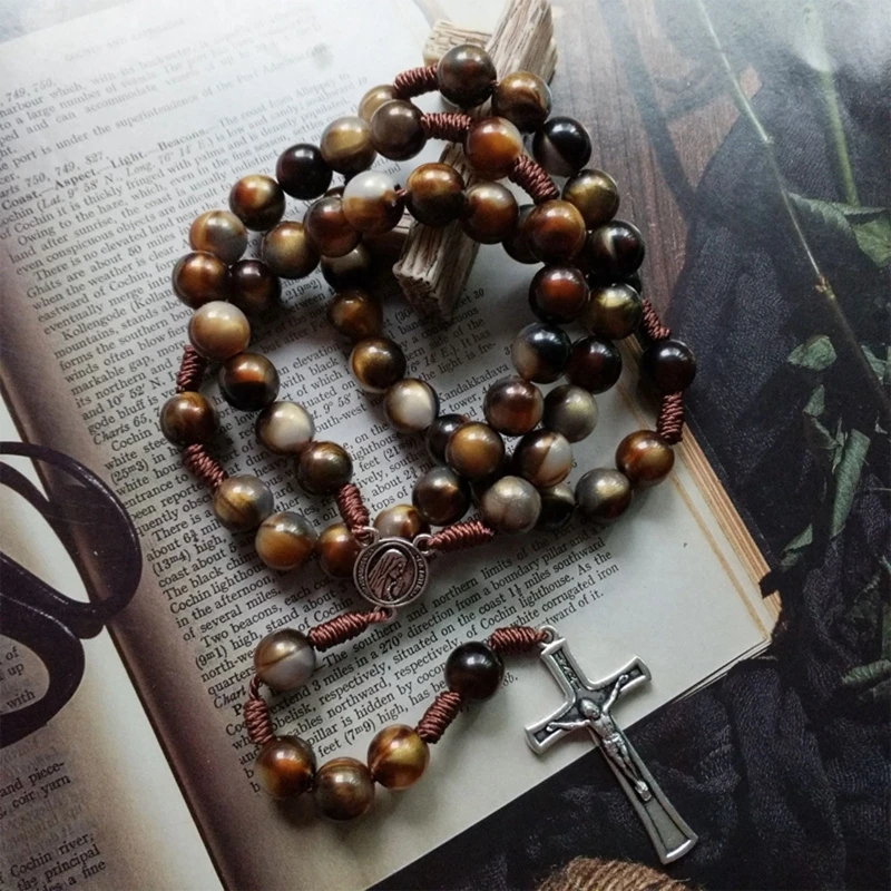 Brown Beads Rosary Necklace Catholic for Cross Religious Long Chain Handmade