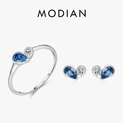 MODIAN 925 Sterling Silver Simple Tiny Romantic Blue & Pink CZ Hearts Jewelry Sets For Women Fashion Rings & Stud Earrings