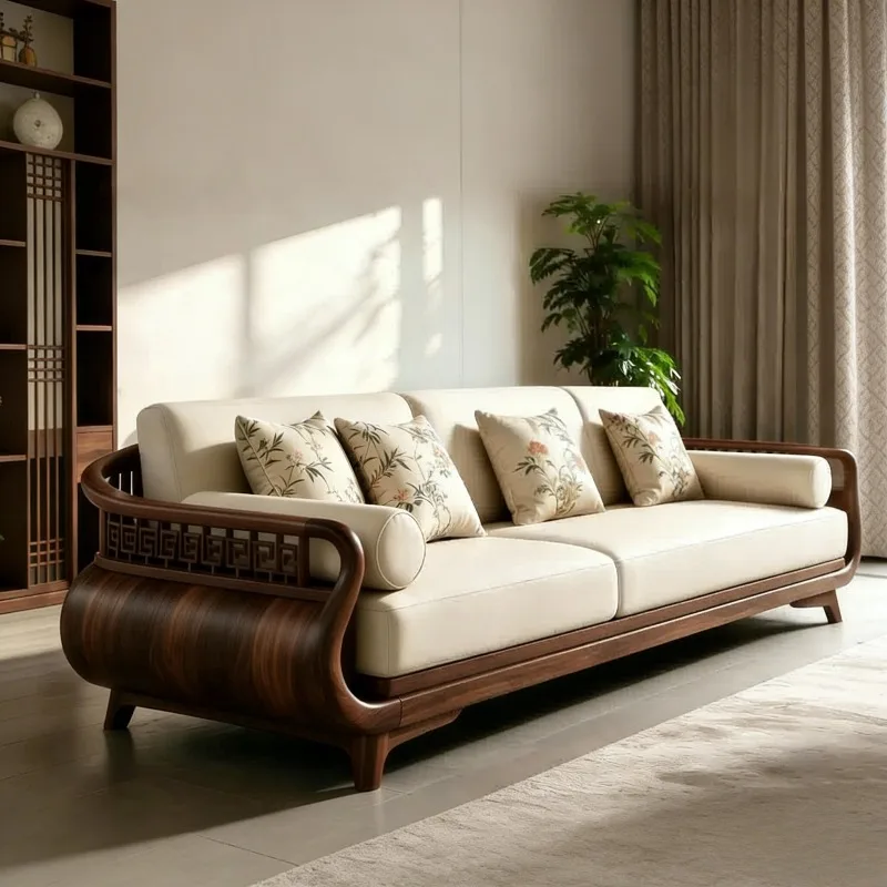 & White Modern New Chinese Style Solid Wood Living Room Sofas Armchairs Relax Sofa Living Room High-end 2 Seater Home Furniture
