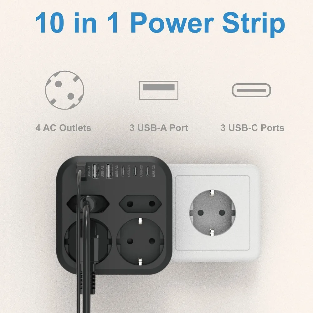 EU Plug Power Strip 10 in 1 3500W with 4 AC Outlets 6 USB 17W Fast Charging Socket 7 Safety System Surge Protection Socket