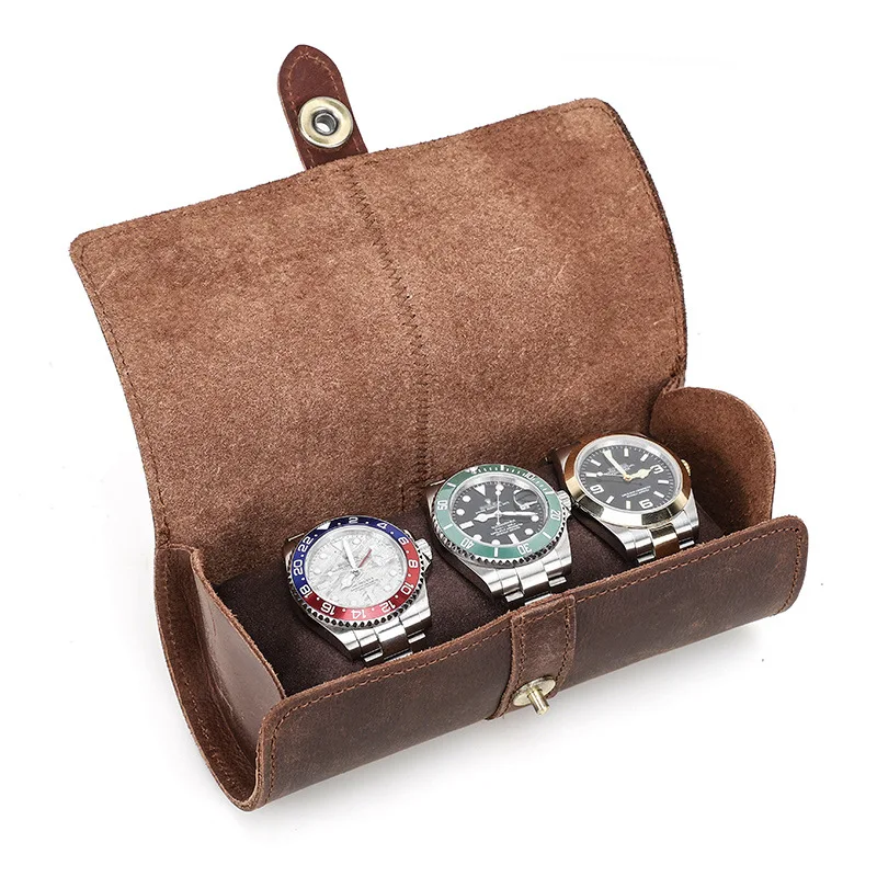 Three-card slot watch box Retro Crazy Horse Leather Watch Box Creative Round Buckle Leather Storage Box