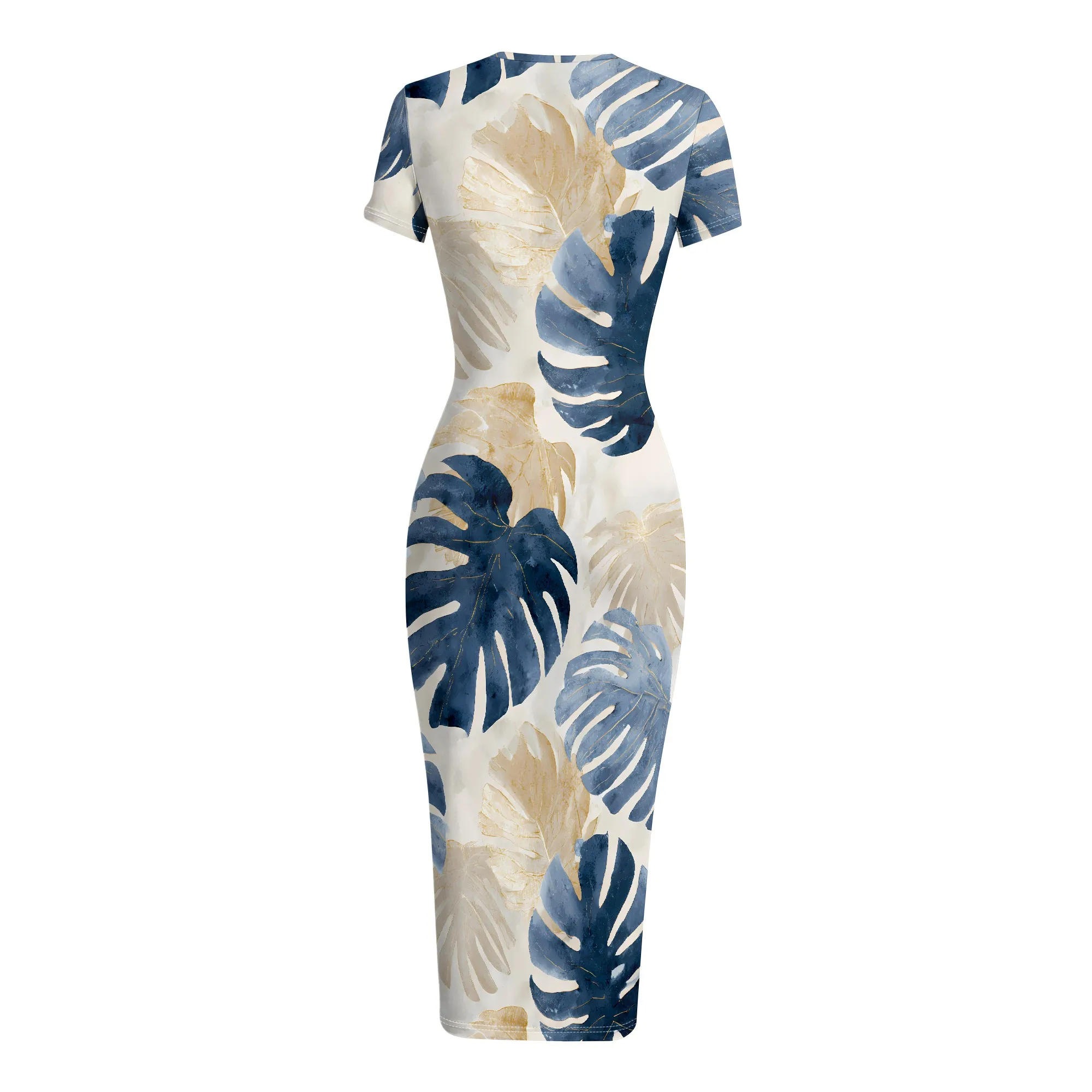 Leaf Print Dress, Tropical Pattern Midi Dress, Summer Short Sleeve Bodycon, Beach Vacation Party Wear, S-2XL