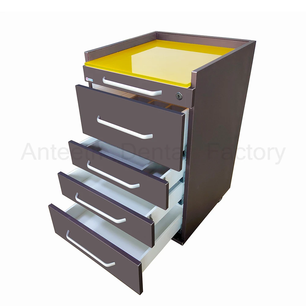 Anteeth Dental  Beauty Furniture Stainless Steel Brown Color Glass Table Top Multifunction Mobile Dental Cabinet