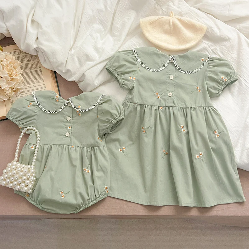 2024 New Summer Sister Clothing Infant Baby Romper Baby Girl Party Dress Short Sleeved Cotton Embroidery Kids Princess Dresses