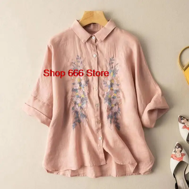

Chinese Style Stand Collar Spring Summer Vintage Embroidery Cotton Linen Women's Top Thin Breathable Short Sleeve Loose Shirt