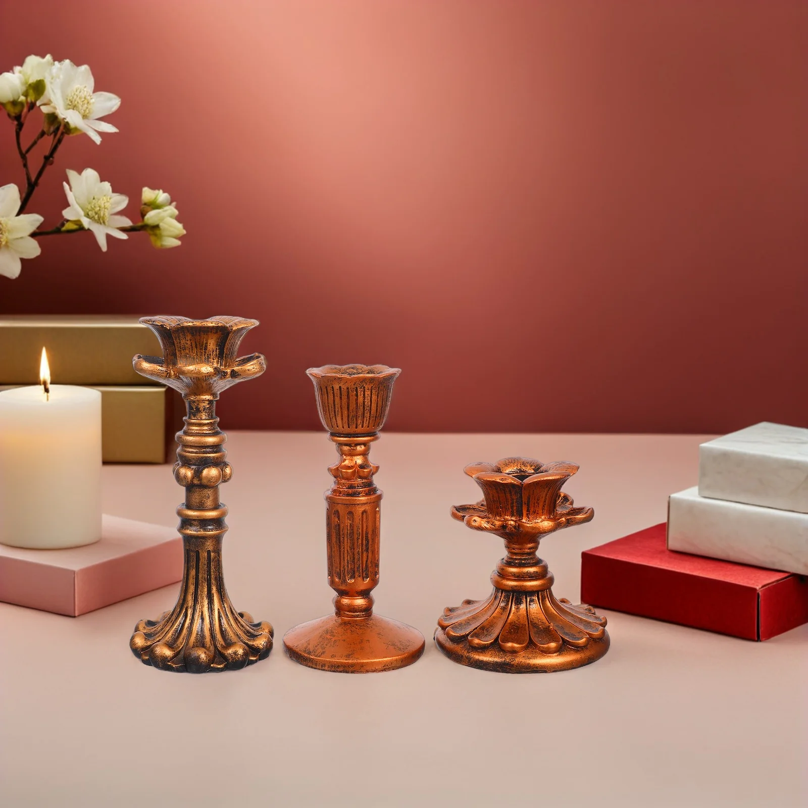 

3pcs Vintage Candlestick Holder Rustic Resin Pedestal For Wedding Table Centerpiece Dining Room Decor Farmhouse Taper