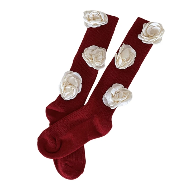 Winter Over the Calf Socks Elegant 3D Camellia Flower Faux Wool Warm Long Socks