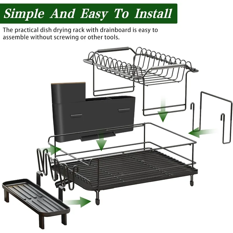 Large Dish Drying Rack with Drainboard Set, Stainless Steel Detachable 2-in-1 Large-Capacity 2-Tier Over The Sink Anti-Rust
