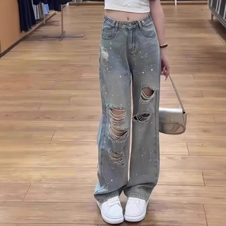 

Holes Ripped Women Jean Straight Jeans Zipper Fly High Waist Full Length Denim Pants Diamonds Spliced Vintage Pockets Loose