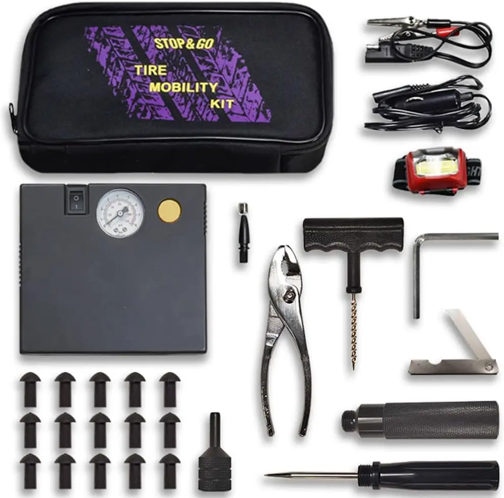 

5001 24 Piece Tubeless Mushroom Plug Tire Mobility Repair Kit & Air Compressor for Punctures & Flats on Car Trucks Trailers & AT