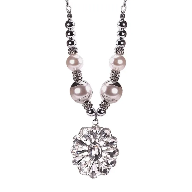 Novo colar longo multifuncional, pingente de cristal feminino, corrente de suéter de flor