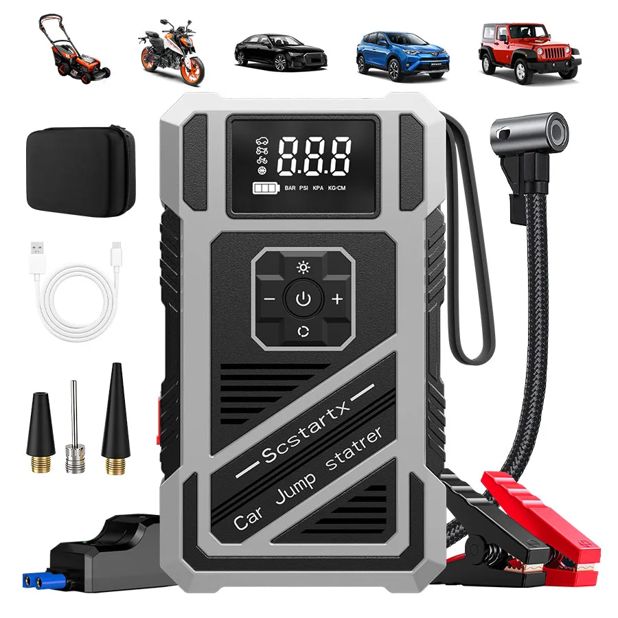 Arrancador de Coches Portátil de 12V con Compresor de Aire de 150 PSI, Banco de Energía de Emergencia 2 en 1 para Batería de Coche, Accesorios Electrónicos para Automóvil