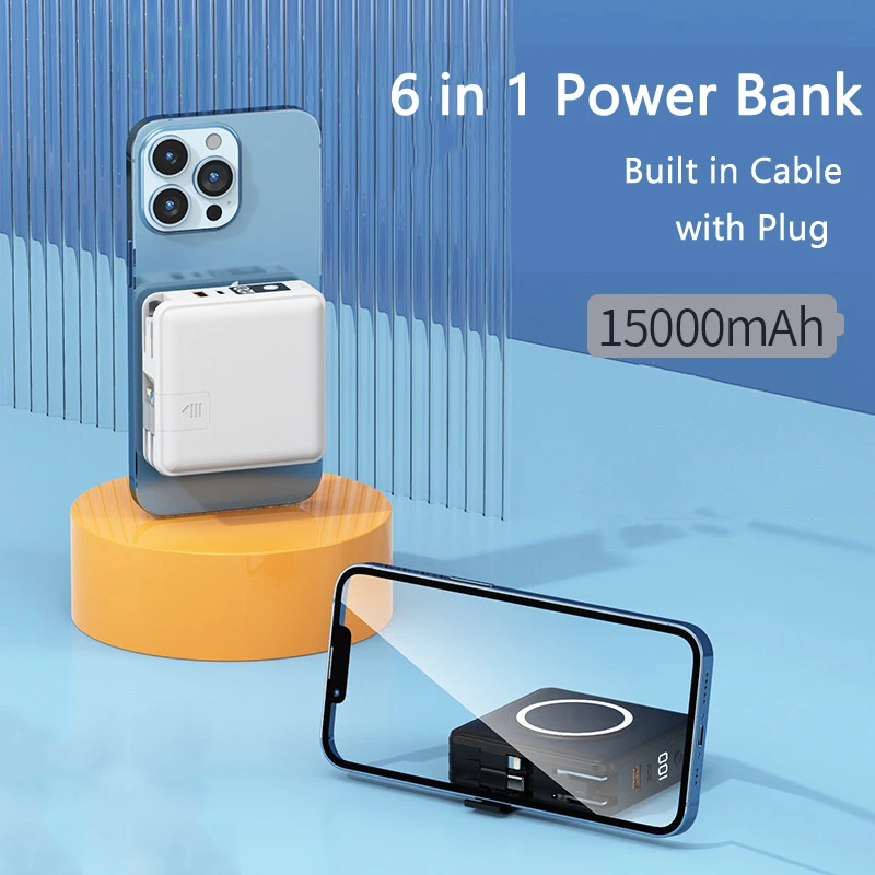 Imagem -03 - Banco de Potência Magnética para Iphone Samsung e Xiaomi 15000mah Carregador sem Fio Rápido Bateria Externa Powerbank Cabo de Tomada ac Construído