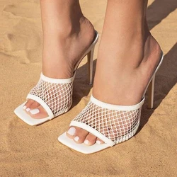 High Heel Women's Slippers 2024 Summer New Square Toe Stiletto Mesh Hollow Sandals and Slippers Women's Shoes Zapatos Para Mujer