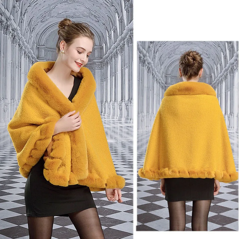 Handcraft Wavy Faux Rex Rabbit Fur Cape Coat Wraps Autumn Winter Women Imitated Lamb Wool Cardigan Cloak Shawl Good Quality