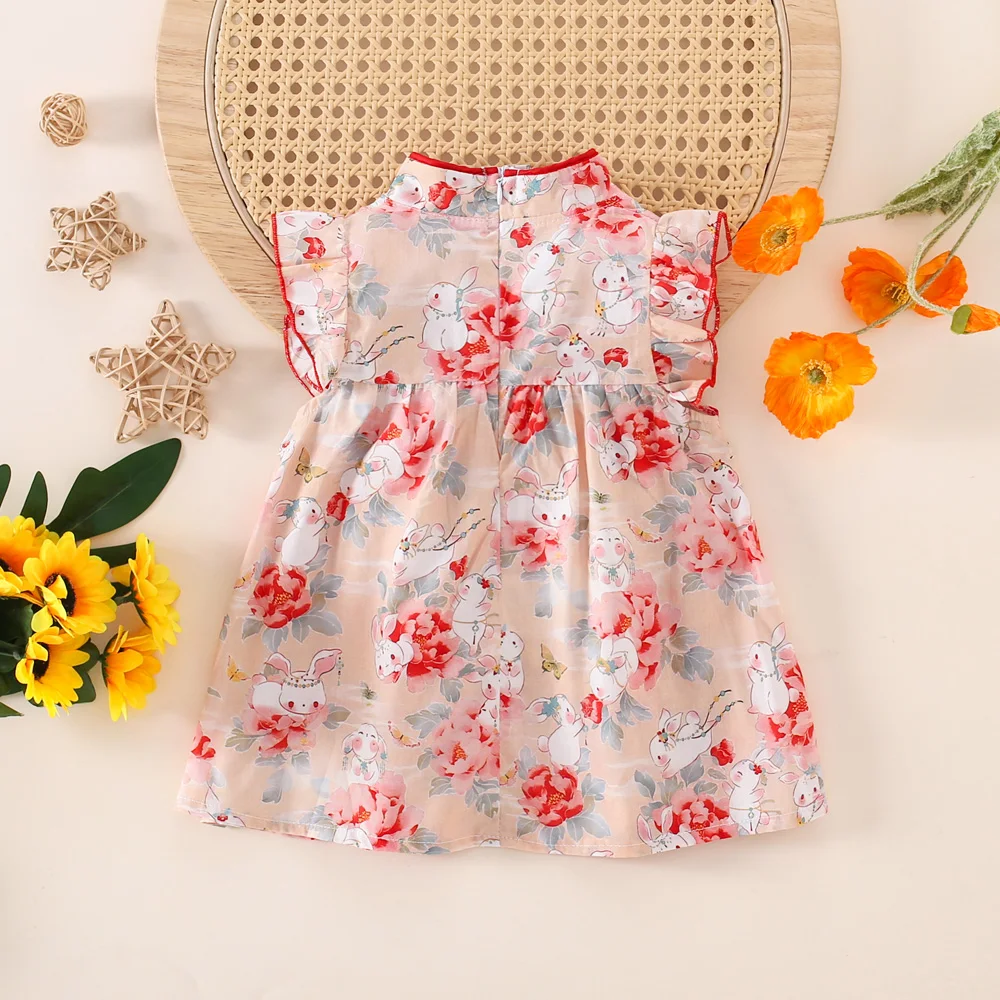 Chinese Style Girl Dress Summer Baby Girl Double Bow Small Rabbit Print Small Fly Sleeves A-Line Cheongsam Dress