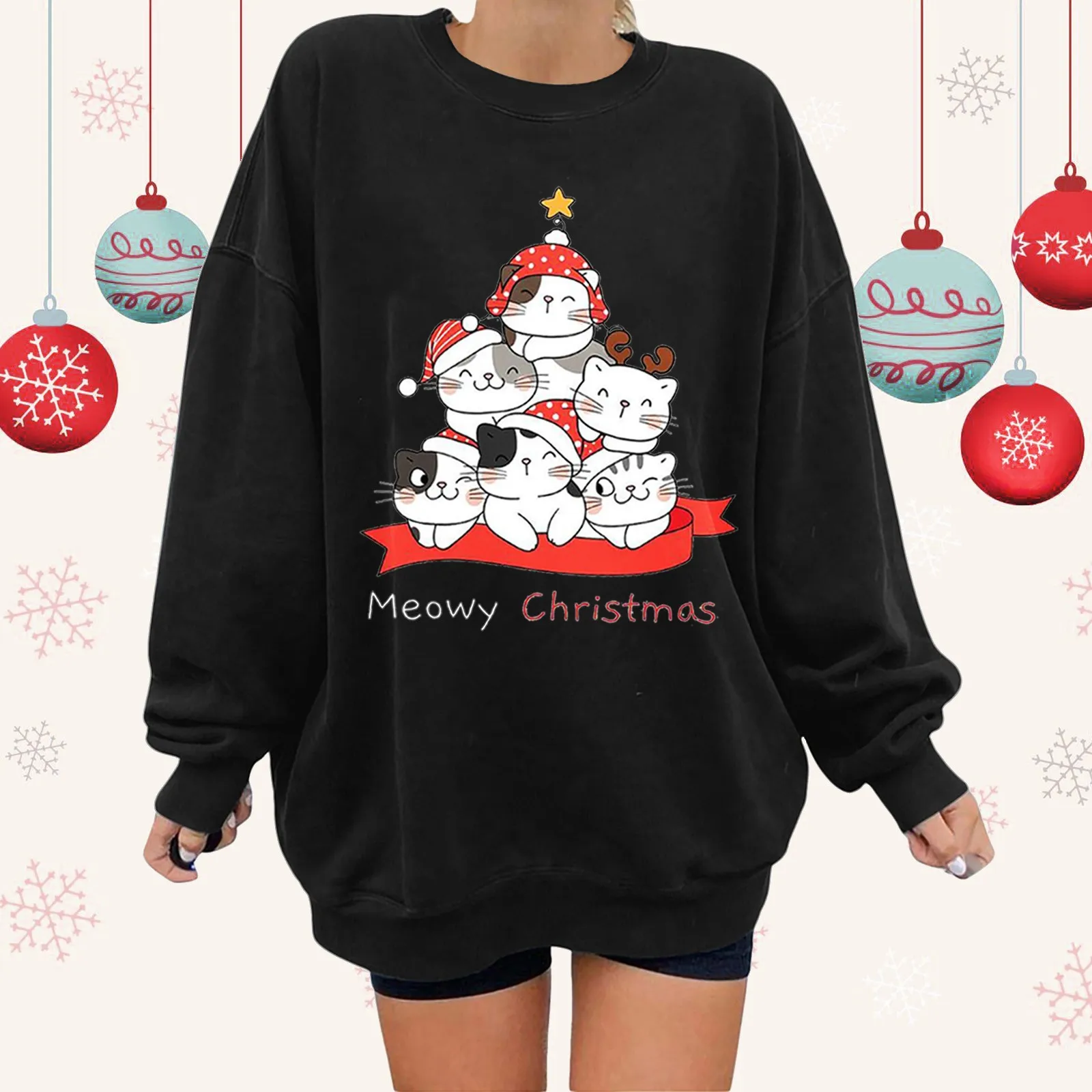 Harajuku kawaii Style Sweatshirt Merry Christmas Sweats Cat mom Christmas Gift Pullovers Women Casual Pure Cotton Vintage Tops