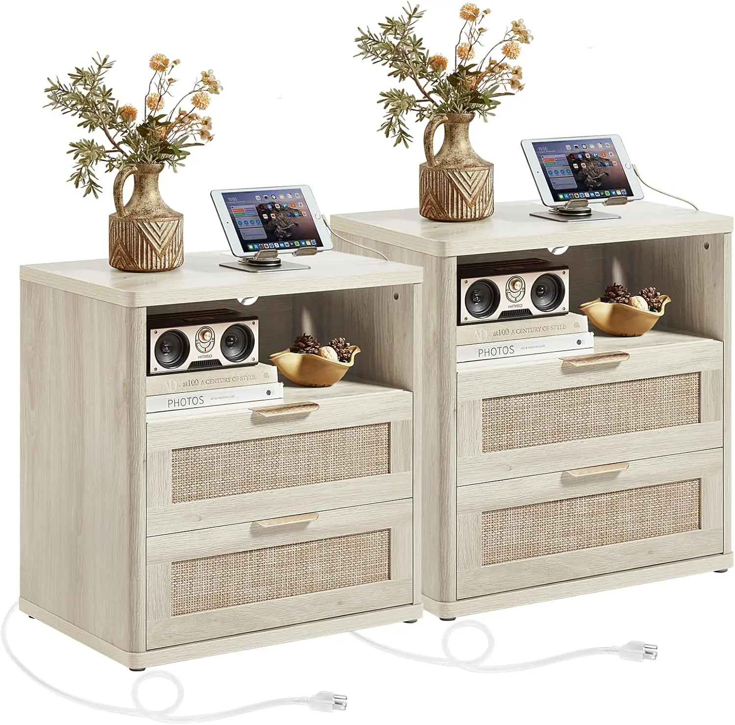 

Rattan Nightstands Set of 2 with Charger Station, 23" Wide Boho Night Stand with 2 Drawers, Grey White Bedside Table Open Shl