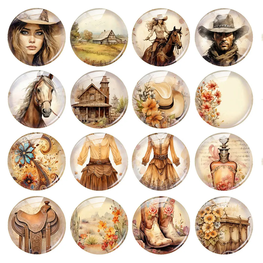 

Random Mixed Round/Oval/Square Western Cowboy Cowgirl Cactus Photo Glass Cabochon Flatback Demo Cameo For Diy Jewelry Making