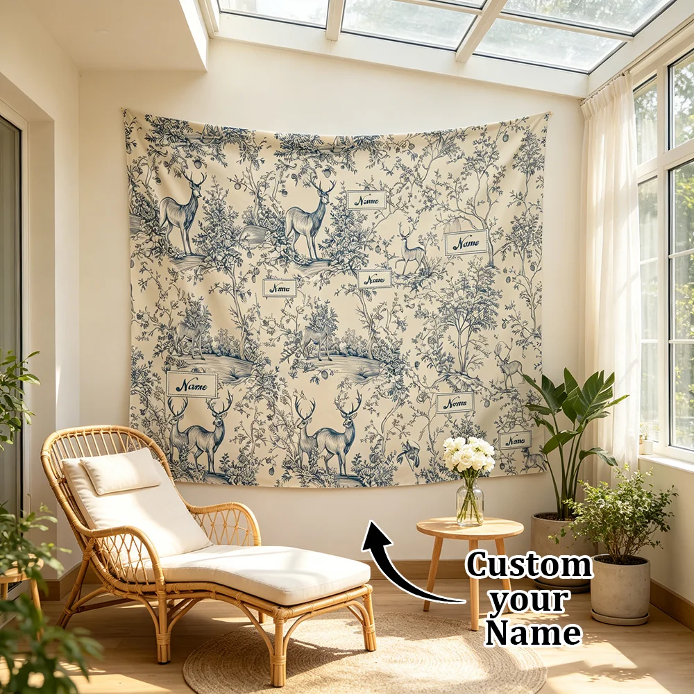 1PC Personalized Blue Deer Forest Toile Tapestry Custom Name Vintage Elk Tree Wall Hanging Bedroom Cabin Lodge Aesthetic Decor