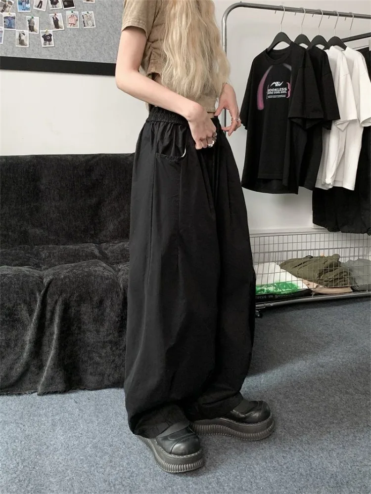 Брюки-карго HOUZHOU Женские Мешковатые, уличная одежда Y2k, винтажные свободные спортивные штаны на шнуровке, повседневные широкие брюки в стиле хип-хоп, на лето