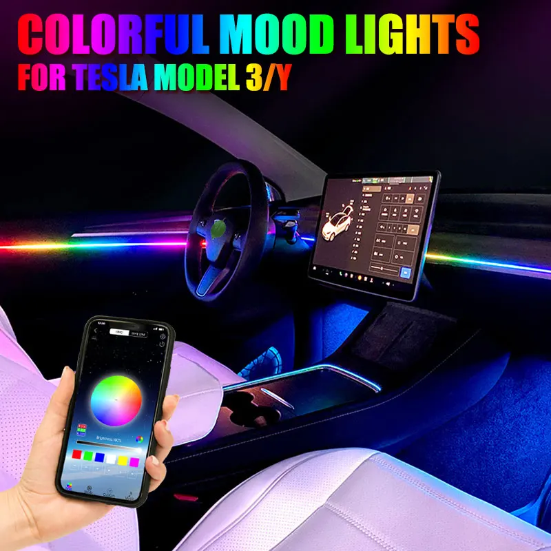 

For Tesla Model 3/Y Symphony LED Car Ambient Lights Strips RGB APP Control Car Interior Decoration Atmosphere Lamp Acrylic Strip