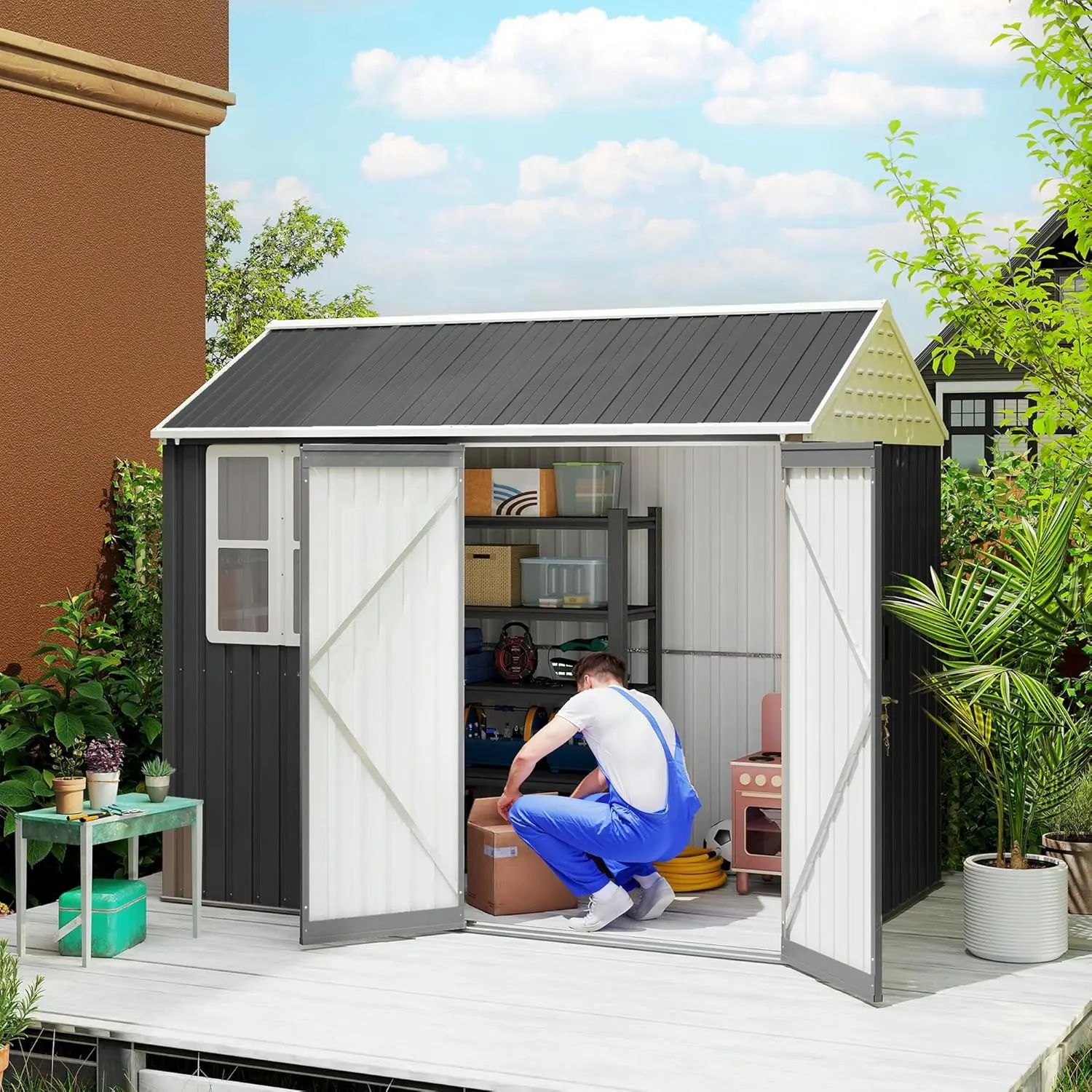 

8' x 6' Outdoor Storage Shed, Metal Garden Shed with Window & Double Lockable Door, Outdoor Tool Shed Storage with Sloped Roof