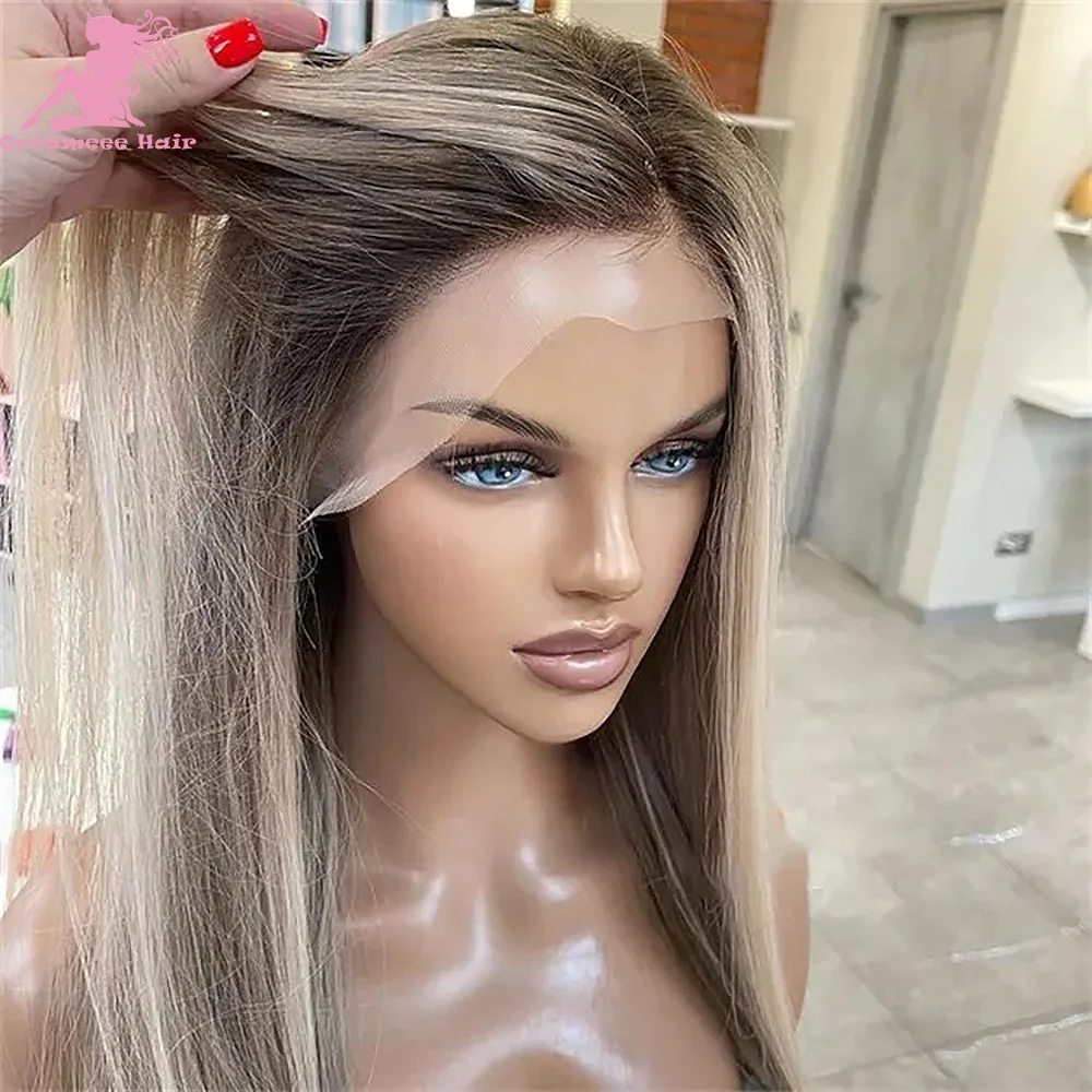 100% Echthaar Perücken gerade brasilia nische Haar Spitze Front Perücken Asche blond Highlight braun natürlichen Haaransatz dunkle Wurzel volle Jungfrau h