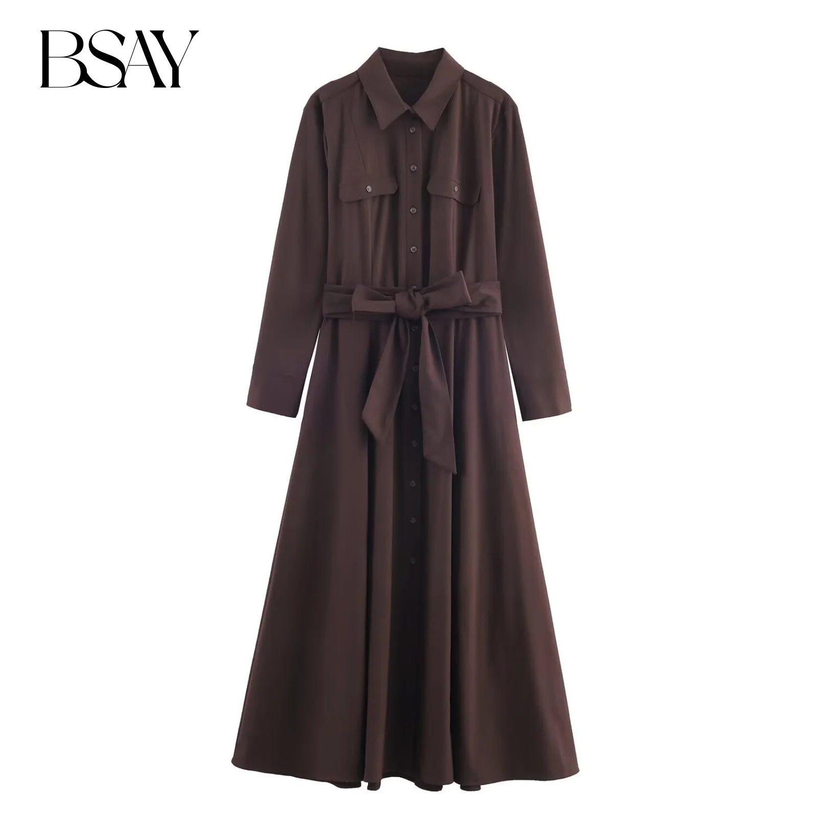 BSAY Braunes großes Hemdkleid mit Gürtel, Damenmode, 2025, Herbstneu, lockerer Reversknopf, französische elegante lange Kleider für den Abend