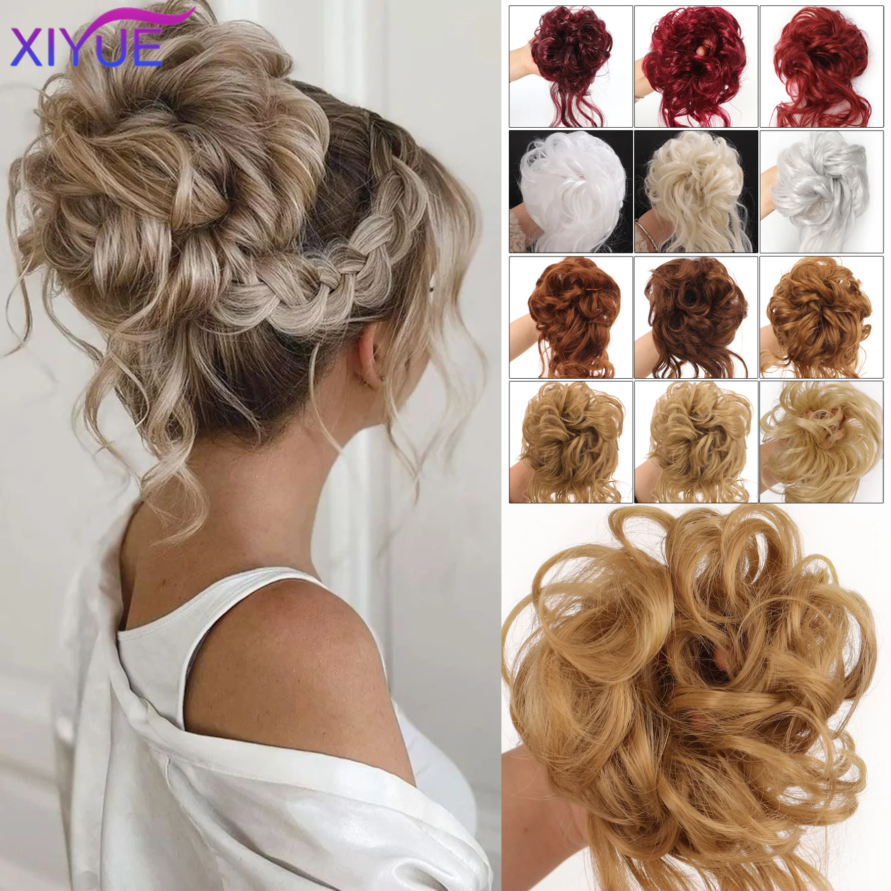 XIYUE Synthetic Hair Bun Chignon Natural Grey Messy Curly Hair Band Elastic Scrunchy False Hair Pieces For Women Hairpins