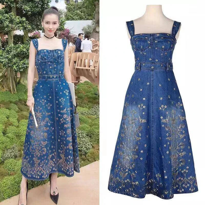 

Summer Spring Long Denim Dress Women Sleeveless Strap high waist Jeans Dress Vintage Embroidered Floral a-line dress