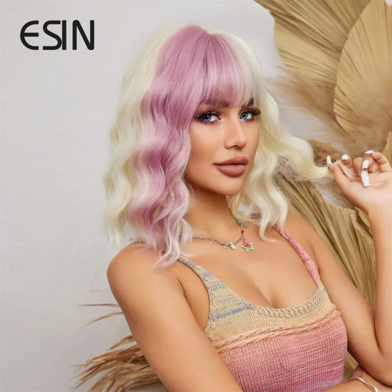 ESIN Synthetic Blonde Mixed Pink Bob Wigs Medium Long Loose Body Wave Wig With Bangs Cosplay Daily Natural Wigs For Women