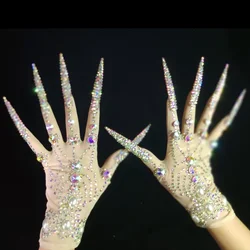 Guantes de perlas de diamantes de imitación AB para mujer, lujosos guantes de uñas de longitud grande, traje de Drag Queen, accesorios de actuación para escenario de club nocturno