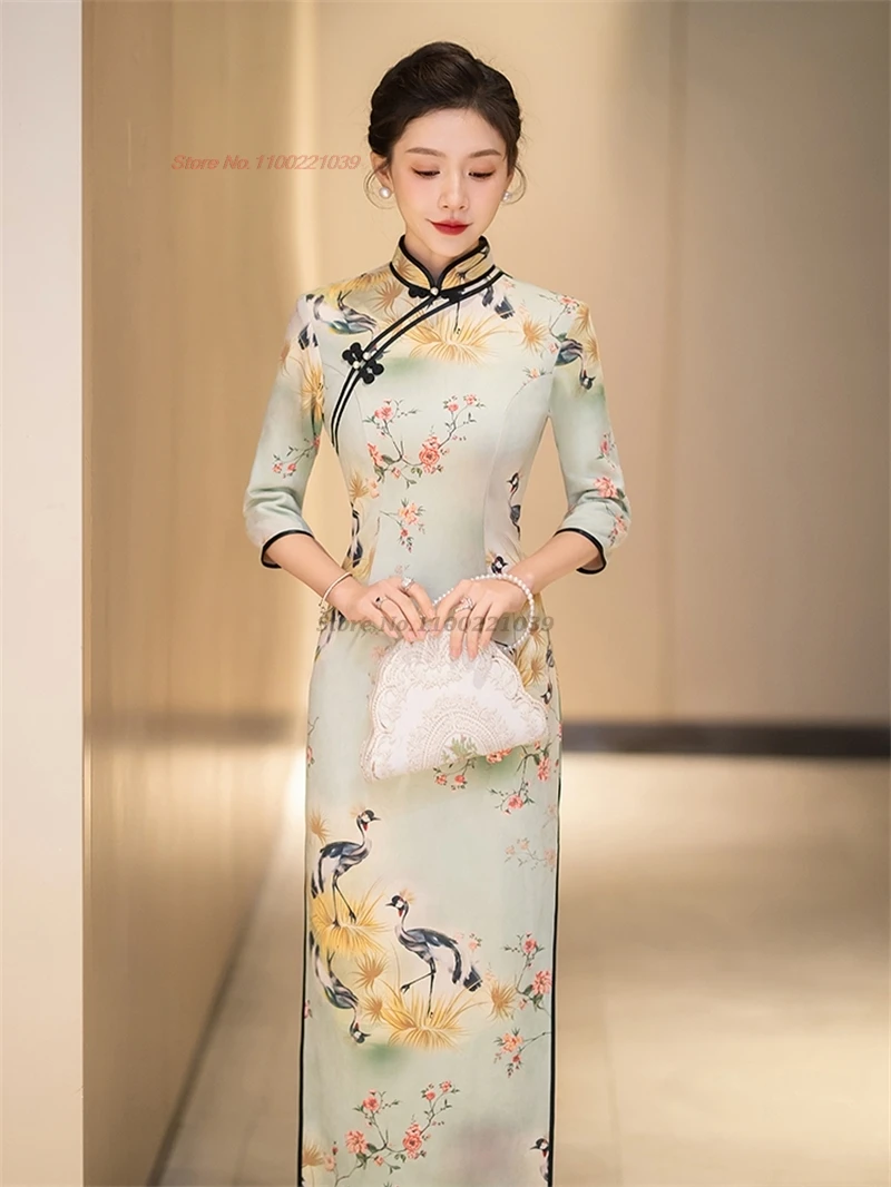 

2025 chinese improved qipao traditional dress national flower print stage formal dress oriental banquet evening folk cheongsam