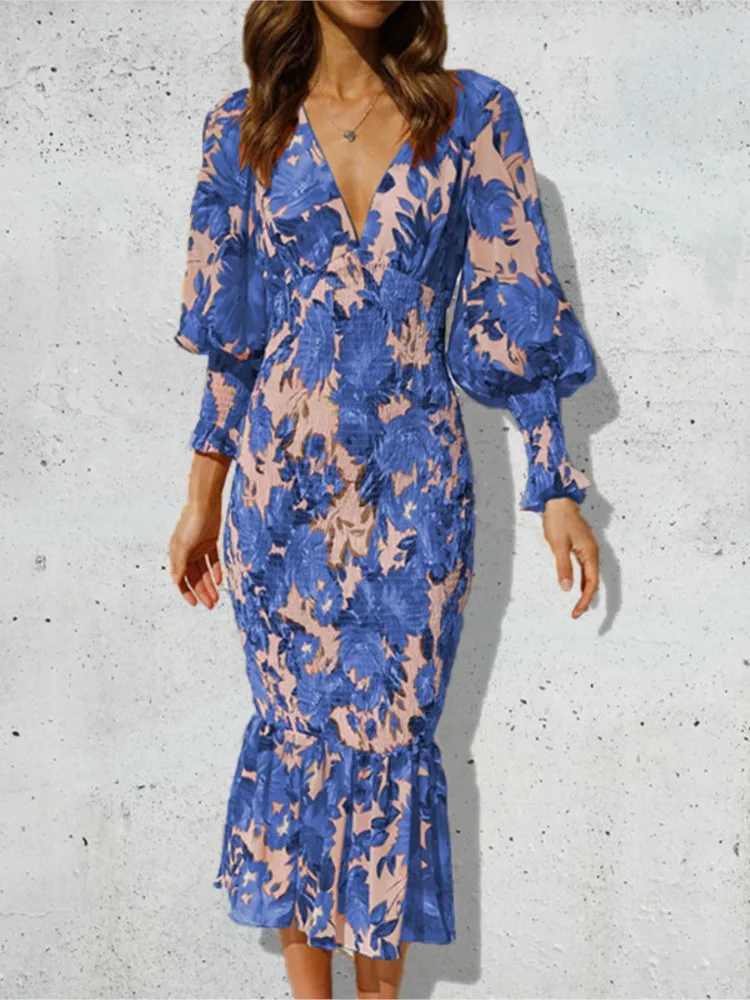 

2024 Spring Autumn Fashionable Printed Sexy V-neck Slimming Fishtail Seven Quarter Sleeve Princess Sleeve Dress