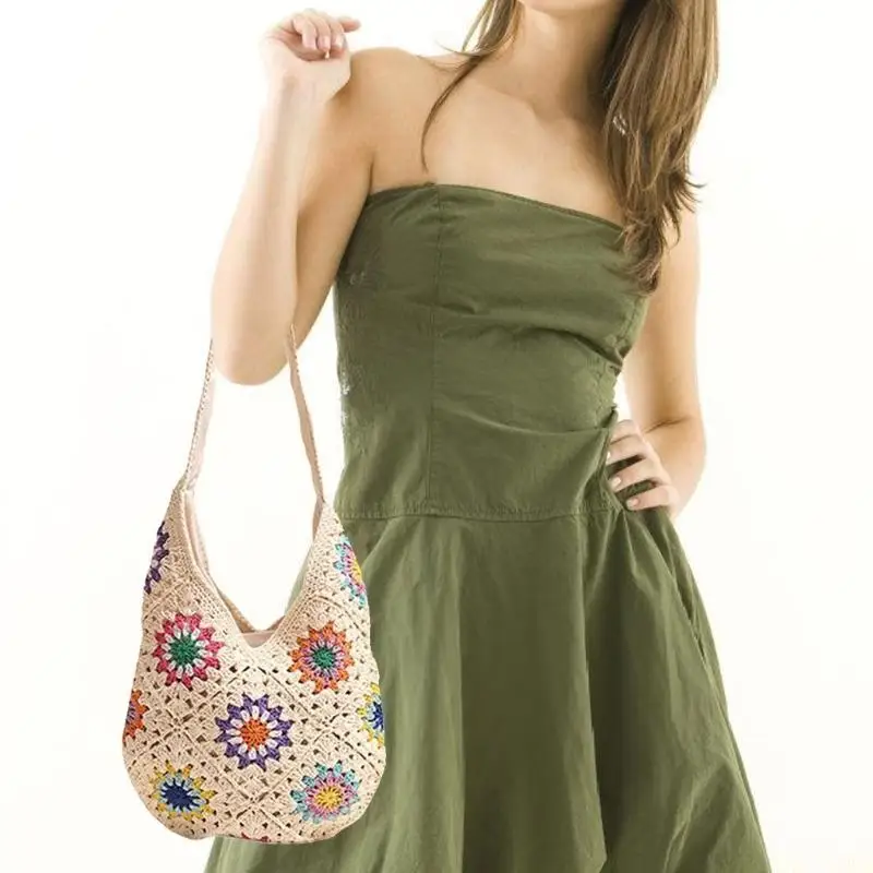 X90D Women Handbag Crochet Crossbody Bag Vacation Bag Colorful Flowers Beach Bag Knitted Shoulder Bag