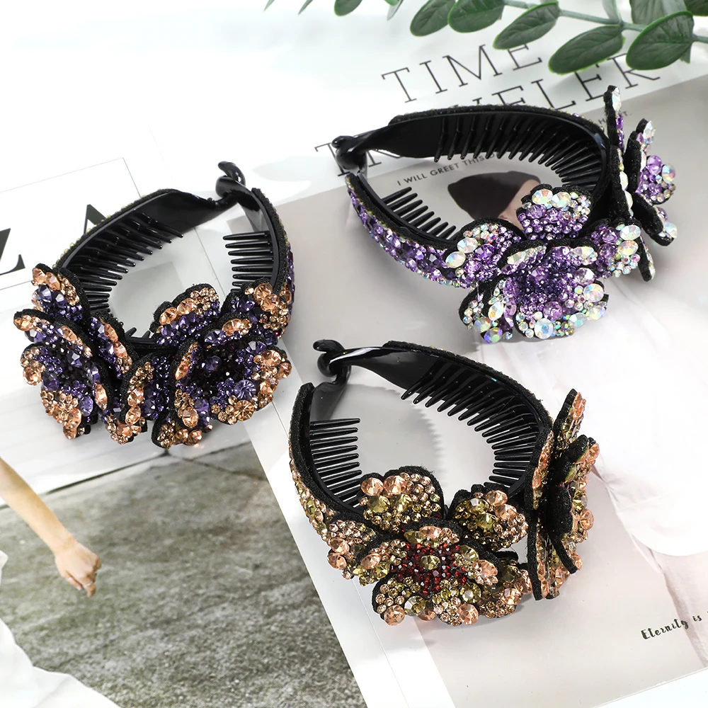 AWAYTR Colorful Crystal Flower Hair Claw Large Flowers Women Crab Clamp Barrettes Hair Clip Shark Clip Hair Accessories